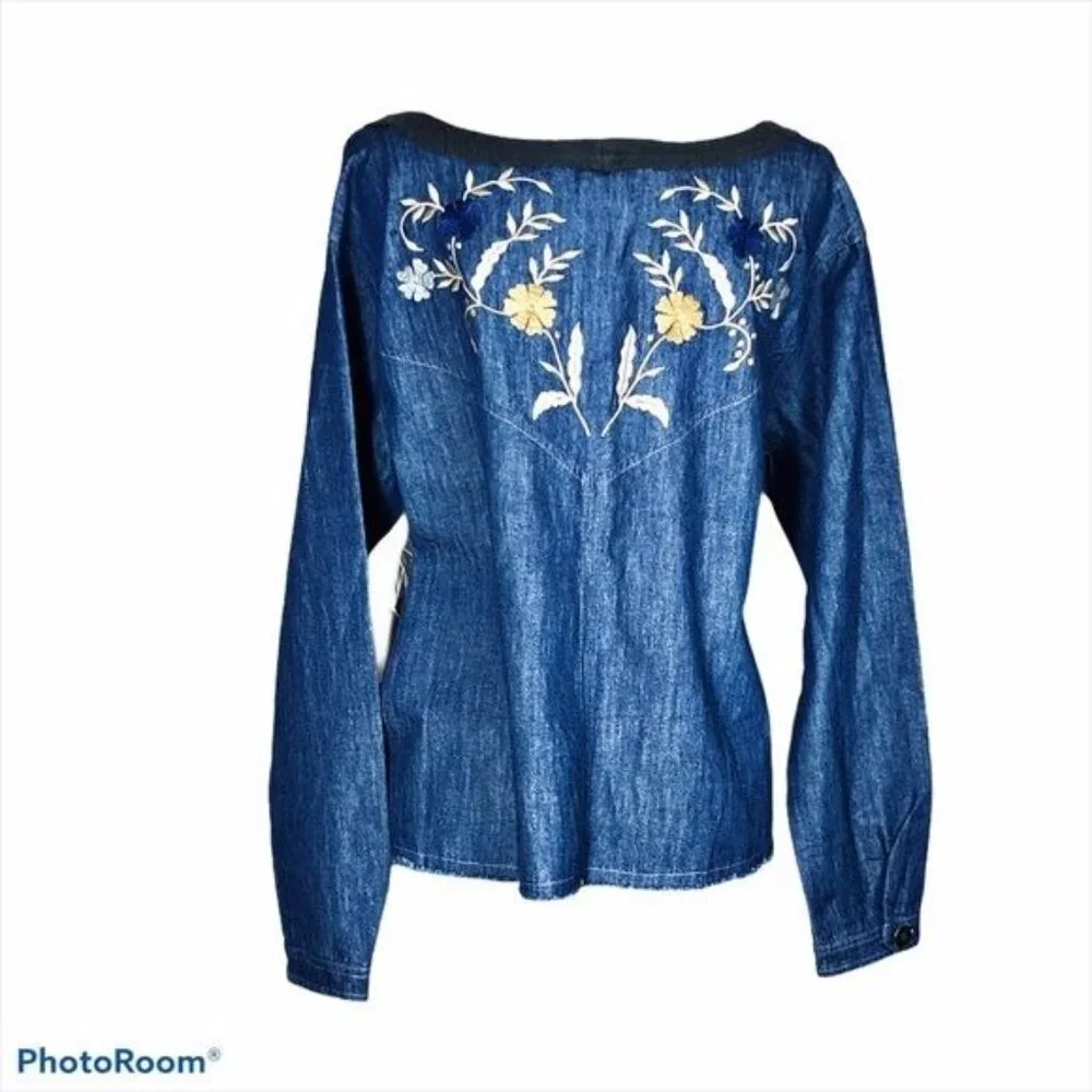 Free People Denim Embroidered Long Sleeve Top - Picture 3 of 7